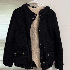 H&M Black Hooded Military Field Jacket with Cream Sherpa Lining